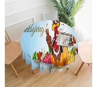 Mantel redondo de 60 pulgadas con texto en inglés "Happy Thanksgiving Day", diseño de hojas de arce de pavo alegre, color azul, lavable, de poliéster, para decoración de picnic, cocina, fiesta de va