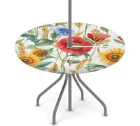 Mantel redondo para exteriores con agujero para paraguas, diseño de girasoles, amapolas, aciano, impermeable, redondo, ajustable, con cierre elástico, lavable, para picnic y barbacoa, se adapta a 45 a
