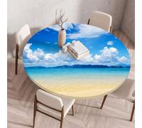 Mantel Redondo Playa del Cielo Azul Mantel Antimanchas Redondo con Bordes Elásticos Protector Mesa Redonda Poliéster Lavable Manteles de Mesa para Hogar Comedor Jardín (60 cm)