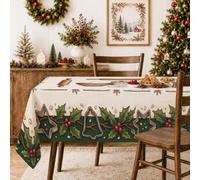 Mantel rústico con cortador de galletas de acebo, Navidad, 89 x 139 cm | Borde de bayas de acebo, mantelería, diseños de cortadores de galletas, estilo rústico de granja, decoración de cocina de
