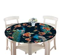 Manteles Antimanchas Impermeable Redonda, Treer Lavable Poliéster Manteles de Borde Elástico con 3D Planta Impreso Cubierta de Mesa, Decoración Mesa para Cocina Comedor Fiesta (Pavo Real,90cm)