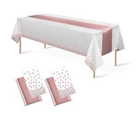 manteles desechables de plástico de 137 x 274 cm y camino de mesa de satén, manteles de fiesta, mantel de confeti de lunares de oro rosa para cumpleaños (White Rose Gold+ Rose Gold Table Runner)