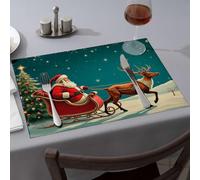 Manteles individuales amarillos con diseño de Papá Noel en trineo con renos bajo un cielo nocturno estrellado. Manteles individuales para comedor, manteles individuales decorativos (1 unidad)