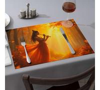 Manteles individuales amarillos con texto en inglés "A Woman Toca la flauta en un bosque otoñal" para comedor, manteles individuales rústicos para decoración del hogar, tapetes de silicona para cocina