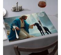 Manteles individuales amarillos Un hombre con túnica azul se arrodilla junto a un cordero negro cerca de una cascada para comedor, manteles individuales rústicos para decoración del hogar (6 piezas)