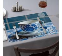 Manteles individuales azules con patrón floral azul en taza y platillo, manteles individuales de alta calidad para cocina y comedor, color rosa (6 piezas)