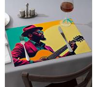Manteles individuales azules con texto en inglés "A Man In A Hat tocando una guitarra acústica" para comedor, manteles individuales de alta calidad para cocina y comedor, color rosa (4 piezas)