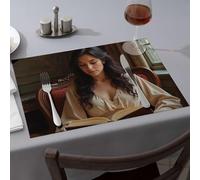 Manteles individuales azules con texto en inglés "A Woman In A White Dress Reading A Book On An Ornate Chair". Manteles individuales para comedor, mantel occidental para decoración de mesa de Pascua