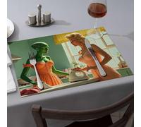 Manteles individuales con diseño de fresa, diseño de alienígena verde y una mujer rubia, para cocina, comedor, decoración de fiesta occidental (1 unidad)