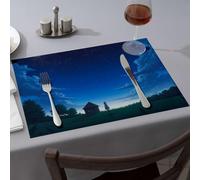 Manteles individuales con diseño de fresa para una persona bajo un cielo estrellado mirando una pequeña casa, comedor, decoración de fiesta occidental (6 piezas)