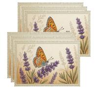 Manteles individuales con diseño de mariposas y lavanda, manteles individuales vintage botánicos para mesa de comedor, primavera y verano, antideslizantes, lavables, para interiores y exteriores