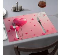 Manteles individuales con dos globos en forma de corazón sobre un fondo rosa para comedor, decoración de fiesta occidental (1 unidad)