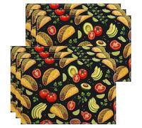 Manteles individuales con patrón de taco, coloridos manteles individuales retro de cocina para comedor, comida divertida, antideslizante, lavable, para interiores y exteriores, juego de 6 manteles