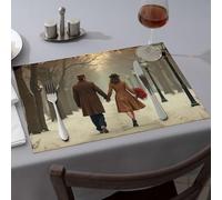 Manteles individuales de cocina y comedor, una pareja camina de la mano en un camino nevado, decoración moderna de granja, decoración de fiesta occidental (1 unidad)