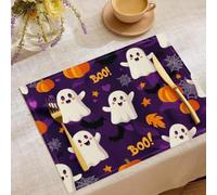 Manteles Individuales De Elementos De Halloween - Juego de 8 De Fantasmas Calabazas De Dibujos Animados - Decoración De Mesa De Comedor para Fiesta En Casa,12X18 Pulgadas,Púrpura
