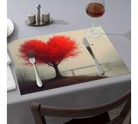 Manteles individuales de primavera con diseño de árbol solitario con hojas rojas vibrantes que se encuentra en una colina con vistas a un río brumoso, manteles individuales para comedor, cocina y