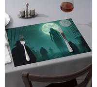 Manteles individuales de primavera con diseño de siluetas bajo una luna llena en una noche de niebla, manteles individuales para comedor, decoración de mesa de Pascua, platos decorativos (6 unidades)