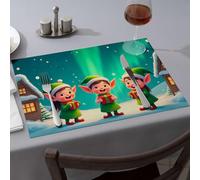 Manteles individuales de primavera con tres elfos sosteniendo regalos coloridos en un paisaje nevado. Manteles individuales decorativos para comedor, manteles individuales azules (6 piezas)