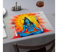 Manteles individuales de primavera con una deidad de piel azul sentada en meditación con un radiante estallido de sol detrás del comedor, manteles individuales de cocina y comedor (6 piezas)