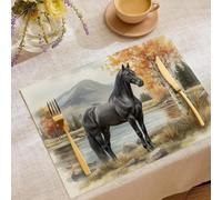 Manteles Individuales e Mesa Pintura Óleo Caballos 45 x 30 cm Salvamanteles Individuales Montañas Y Riberas Río Otoño Lavable, Resistente Calor, Antideslizante Mantel Individual, Juego de 8
