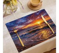 Manteles Individuales e Mesa Puesta Sol Costa 45 x 30 cm Salvamanteles Individuales Paisaje Marino Realista Lavable, Resistente Calor, Antideslizante Mantel Individual, Fácil de Limpiar, Juego de 6