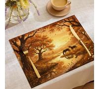 Manteles Individuales e Mesa Río Caballo Bosque 45 x 30 cm Salvamanteles Individuales Paisaje Otoñal A Orillas Río Lavable, Resistente Calor, Antideslizante Mantel, Fácil de Limpiar, Juego de 2