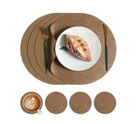 Manteles Individuales Elegantes Juego De 4 Manteles Individuales Redondos De Polipiel De 33 X 33 Cm De Doble Cara con Posavasos Color Marrón Claro