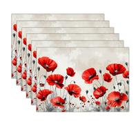 Manteles Individuales Estilo Lino Flor De Amapola, Juego De 8 Mantelitos 30 X 45 Cm, Arte Realista En Look Lino, Resistente Al Calor Lavables para Comidas, Fiestas - Rojo Gris