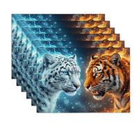 Manteles Individuales Fantasía Misterio Leopardo Las Nieves Tigre Bengala 45 X 30 Cm para Cena, Almuerzo, Desayuno - 6 Unidades - Mantel Individual Lavable, Resistente, Antideslizante - Azul Naranja