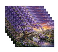 Manteles Individuales Glicinia Pueblo Cuento Hadas Árbol Antiguo Lavables Salvamantele Individuales Campo Rural Antideslizantes Resistente al Calor Juego de 4 para la Mesa de Comedor, Morado Oscuro