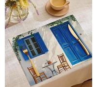 Manteles Individuales Lavables, 45 x 30 cm Salvamanteles Individuales Algodón y Lino Mar Mediterráneo Casas,Antideslizantes Puerta Azul Juego de 45 x 30 cm para la Mesa Comedor Cocina