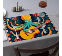 Manteles individuales lavables con diseño de pulpo tocando una guitarra rodeado de caramelos coloridos, manteles individuales lavables para comedor (6 piezas)