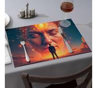 Manteles individuales para cocina y comedor, un hombre se encuentra ante una cara gigante con un aura brillante, decoración moderna de granja, decoración de fiesta occidental (6 piezas)