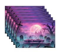 Manteles Individuales Rectangulares Halloween 3D Rosa Cementerio Moonlight Arte Gótico Lino Resistentes Al Calor Lavables Impermeables,para Mesa De,2Pcs