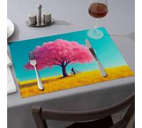 Manteles individuales rosados con texto en inglés "A person Rides A Bicycle Under A Pink Flowering Tree In A Golden Field". Manteles individuales lavables para decoración de fiestas occidentales (6