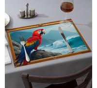 Manteles individuales rústicos para decoración del hogar, un loro vibrante que se posa en una orilla rocosa con olas rompiendo, manteles individuales de Pascua, decoración de fiesta occidental (1
