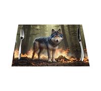 Manteles individuales tejidos, resistentes al calor, fáciles de limpiar, adecuados para fiestas al aire libre, decoración de cocina, accesorios de mesa, 12 x 18 pulgadas, estampado de lobo en llamas
