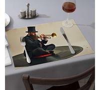 Manteles individuales Un hombre en un sombrero de copa toca una trompeta en un disco de vinilo, manteles individuales para comedor, decoración moderna de granja (1 unidad)