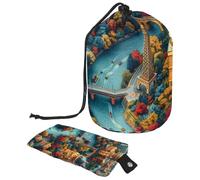 Mantente organizado con nuestra bolsa de maquillaje de barril grande, apta para viajes e impermeable, paisaje de ciudad, multicolor, 9.9x6.9in/25.2x17.6cm;6x3.5in/15.2x8.8cm