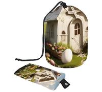 Mantente organizado en cualquier lugar: neceser plegable con cordón para mujer, lo último esencial de viaje para almacenamiento de maquillaje, casa cruzada de Pascua blanca, multicolor,