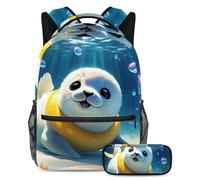 Mantente organizado en la escuela con nuestro juego de mochila y estuche, perfecto para niños, niñas y adolescentes, bonito conejo nada bajo el agua, Multicolor#02, B:29.4x20x40cm P:19x7.5x3.8cm,