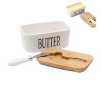 Mantequera con tapa de madera, mantequera de porcelana con cuchillo, caja de mantequilla para 250 g de mantequilla, junta de silicona de doble capa, para el hogar, cocina, queso, nueces (500 ml/blanco