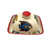 Mantequera con tapa, diseñada por Gall&Zick, hecha a mano de cerámica, para un trozo de mantequilla normal de 250 g, pintado a mano, apto para lavavajillas (pescado rojo)