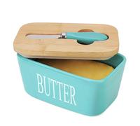 Mantequera con tapa, mantequillera de cerámica con cubierta de bambú, recipiente de porcelana perfecto (azul claro)