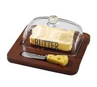 Mantequera con tapa, recipiente de madera para mantequilla con cubierta de vidrio transparente y cuchillo, recipiente multifuncional para queso para encimera de cocina, plato de vidrio para nevera