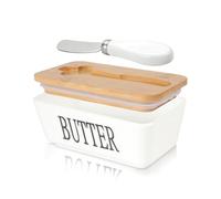 Mantequera con tapa, soporte de mantequilla blanco con cuchillo para encimera, recipiente de mantequilla de cerámica para frigorífico, recipiente de mantequilla con junta de silicona para cocina