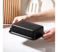 Mantequera cubierta de porcelana con tapa para encimera, contenedor de mantequilla para una barra de mantequilla. Bandeja texturizada para almacenamiento antideslizante, color negro, pequeño