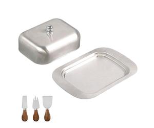 Mantequera de acero inoxidable, mantequillera, plato de mantequilla, mantequera con tapa, con 3 piezas de cuchillo y tenedor, acero inoxidable, para cocina, comedor, salón, cafeterías, restaurantes