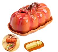 Mantequera de calabaza con tapa, recipiente de mantequilla de cerámica en forma de calabaza, bandeja de mantequilla reutilizable para mesa de otoño, decoración de encimera de cocina de Halloween y