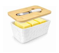 Mantequera de cerámica, 350 ml, con tapa de madera y cuchillo de mantequilla, campana grande de porcelana, hermética y mantiene la frescura, para 250-300 g de mantequilla, ideal para cocina, hogar y